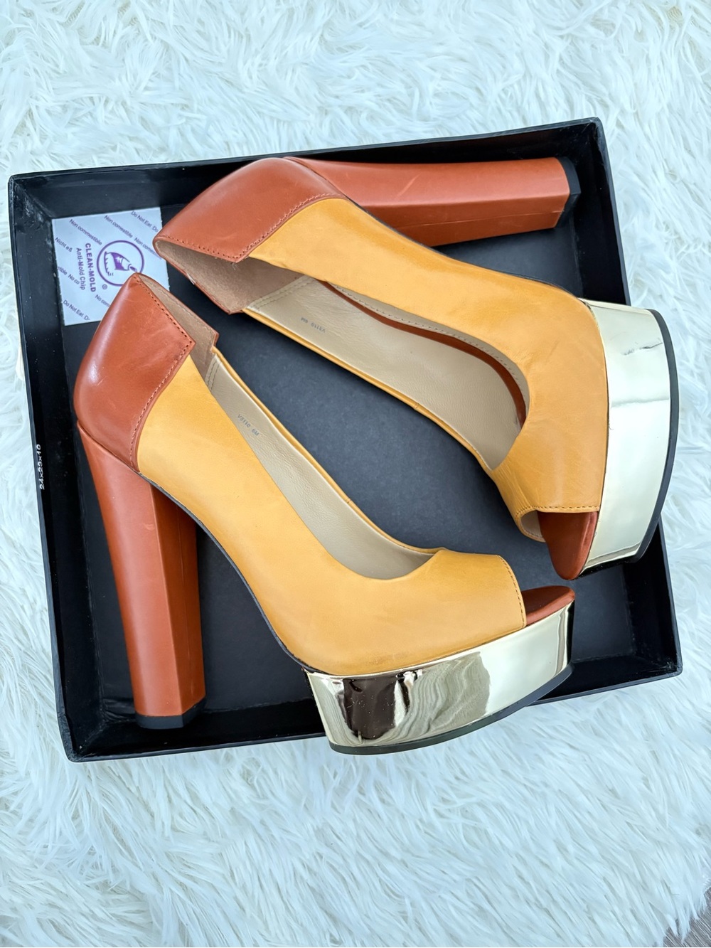 Rachel Zoe Two-Tone Orange and Gold Peep-Toe Platform Heels